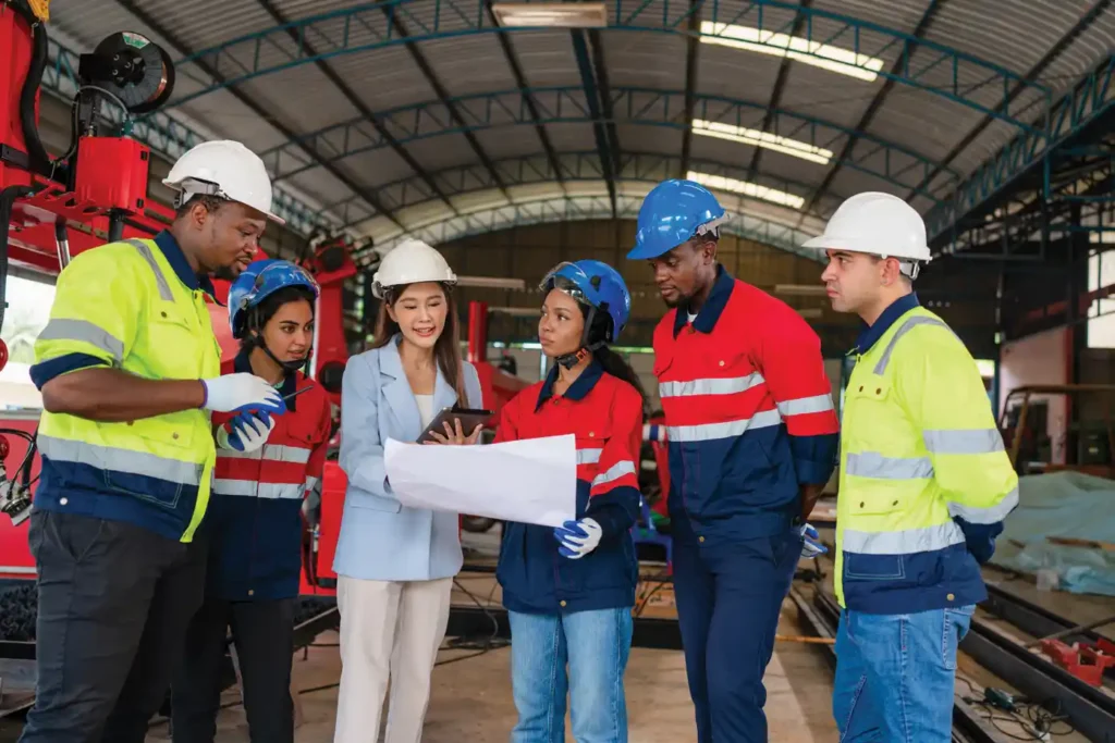 Group of workers talking over an architectual blueprint.