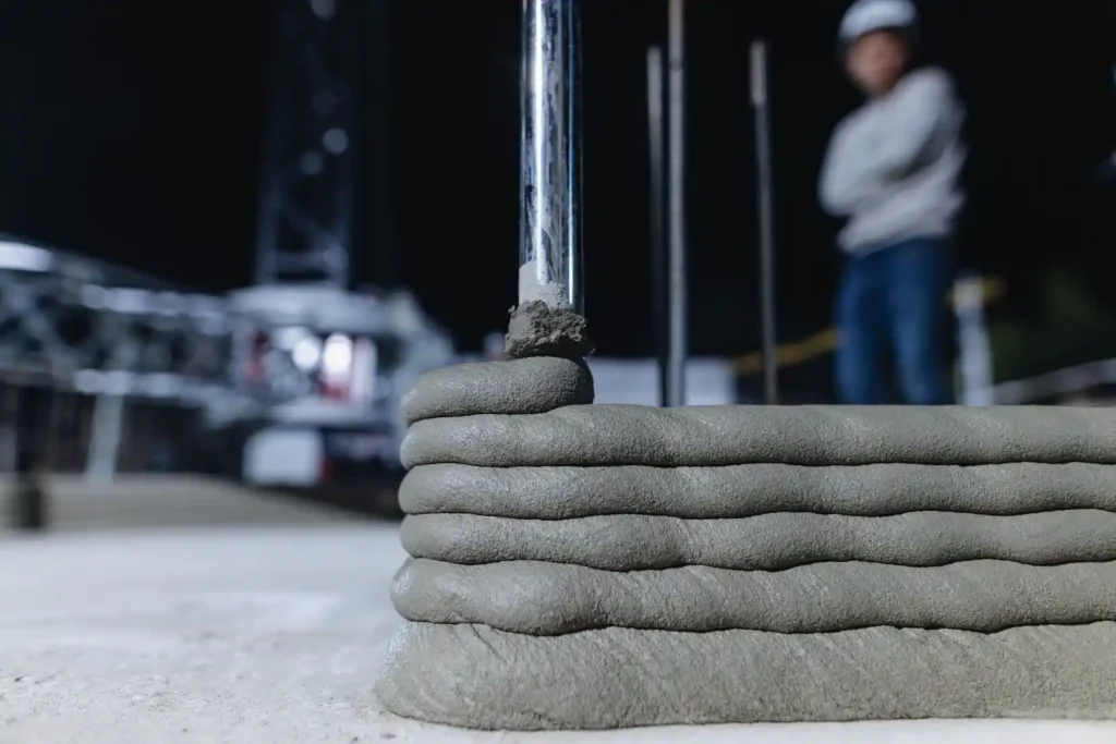 A 3D printed concrete wall being formed layer by layer, with a blurred construction worker in the background overseeing the automated process.